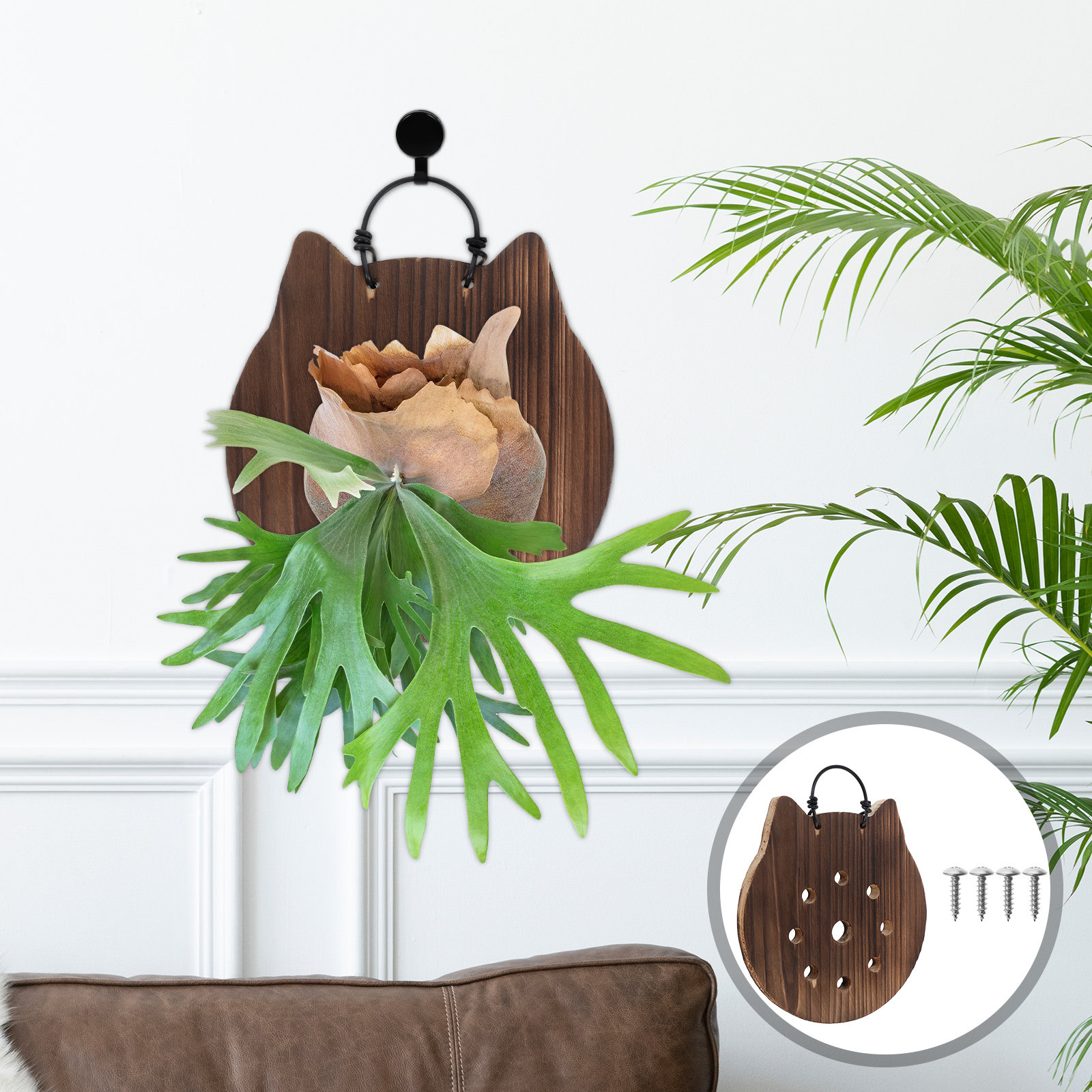 Vertical Wall Planter - Kedi Şeklinde Eğreltiotu Montaj Tahtası Doğal